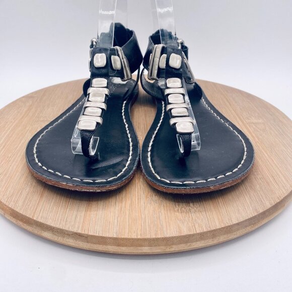 Bernardo Sandals Womens 9 Black Leather Ankle Strap Thong Studded - Picture 3 of 10